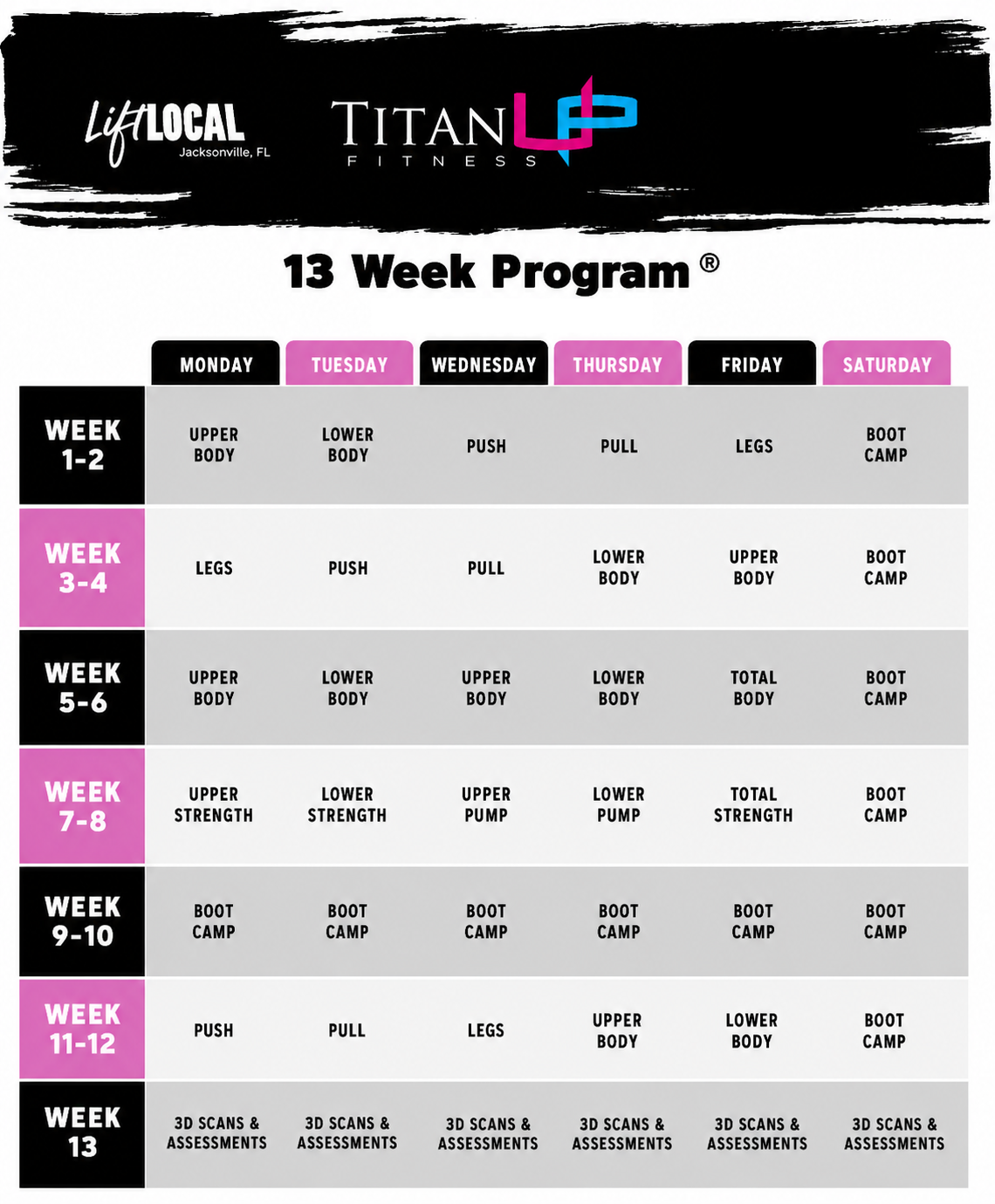Titan Up Fitness 13-Week Program sample calendar